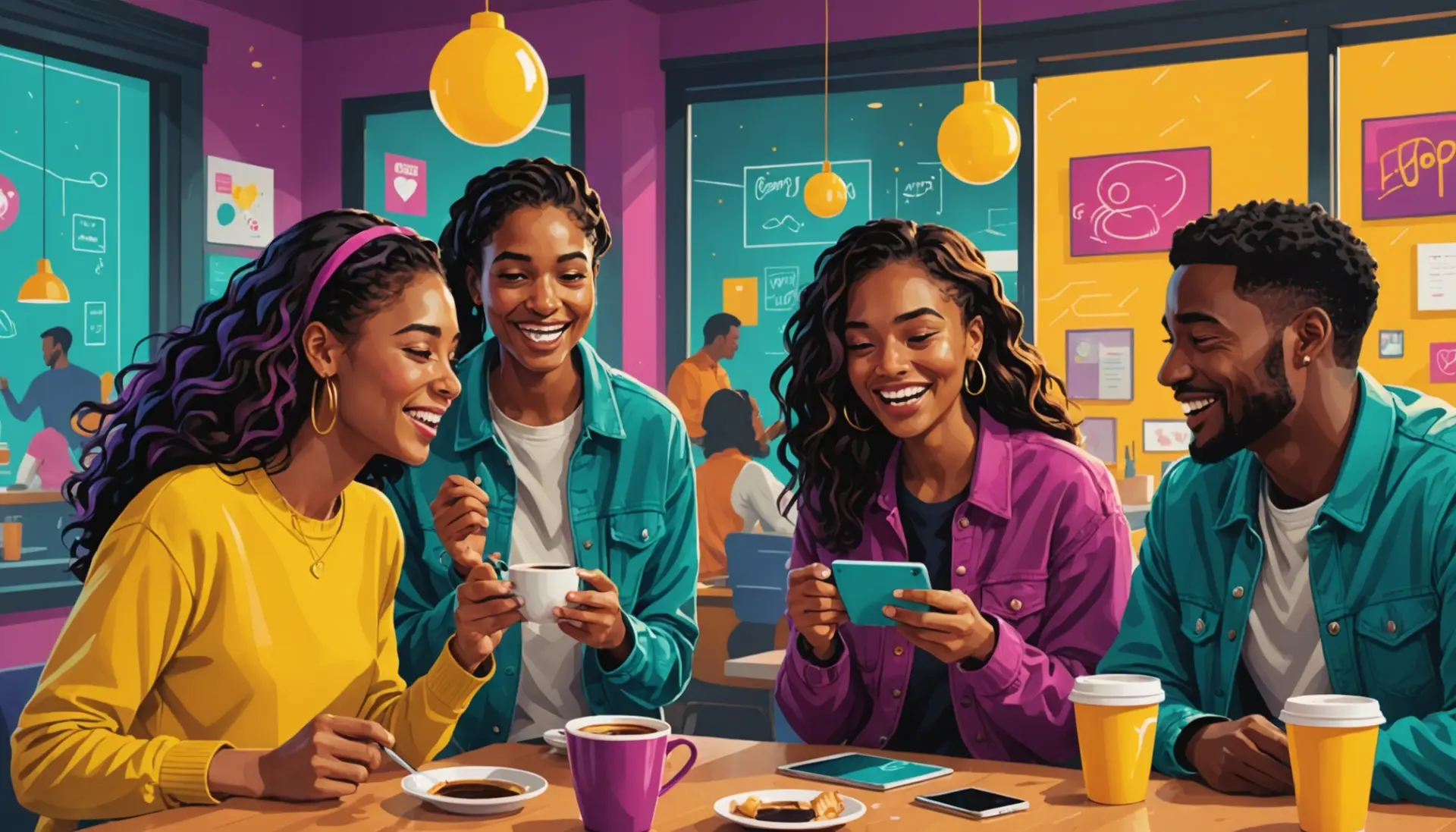 Vibrant editorial illustration of young people texting and reacting, capturing the fmg meaning slang vibe