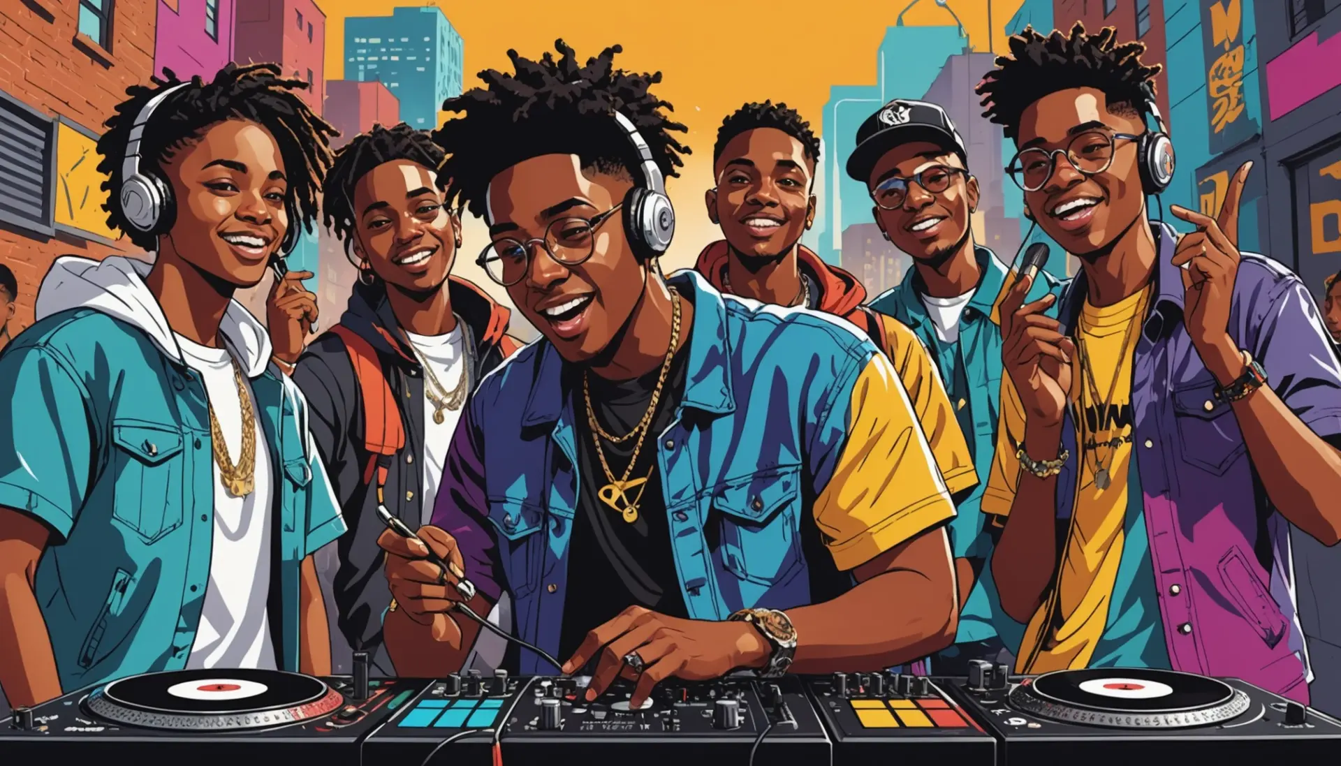 Editorial illustration of young people performing and chatting, caption reads none, featuring the phrase spit meaning slang visually suggested