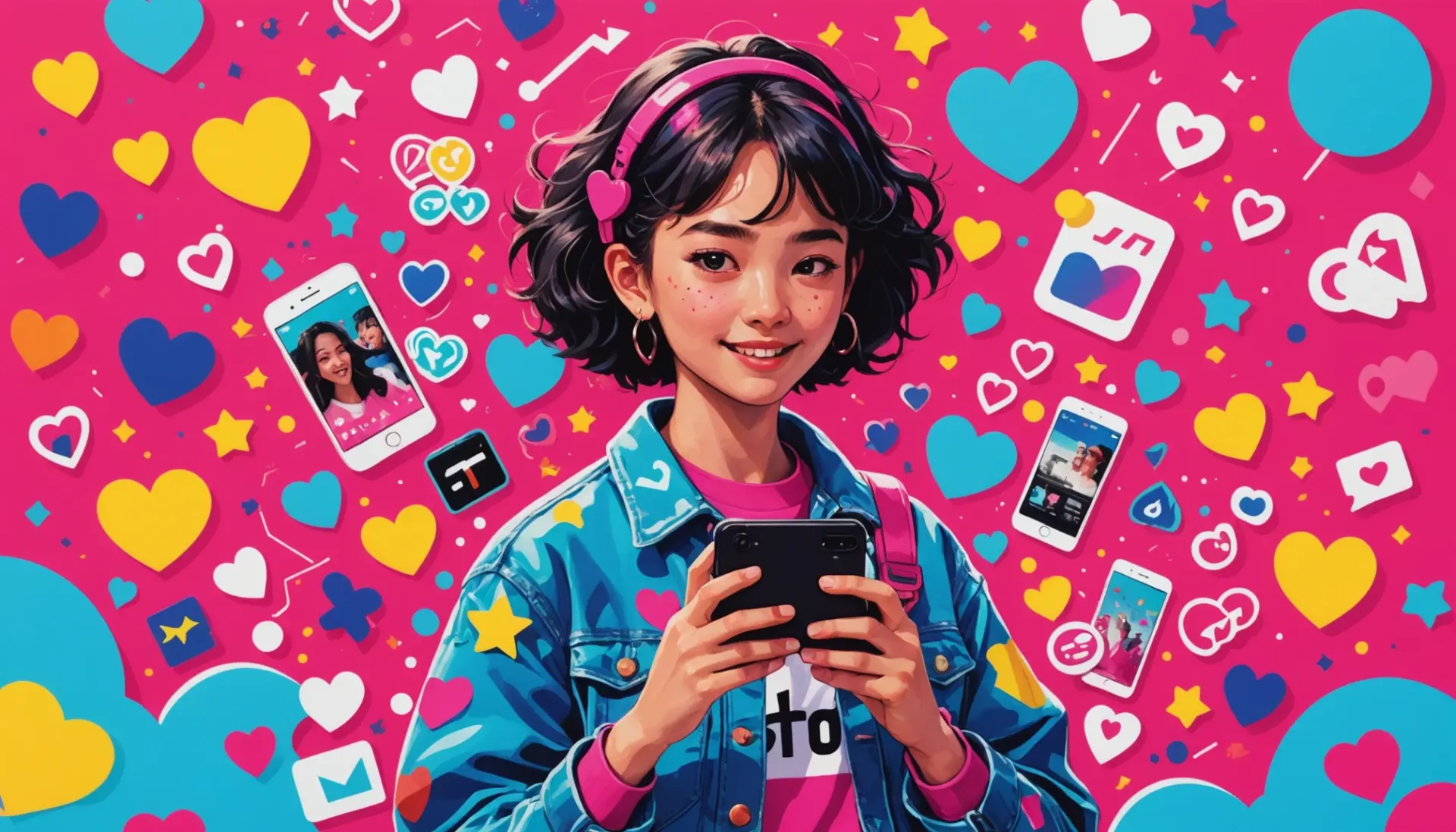 Editorial illustration showing a TikTok-style phone with stickers, caption reading what does ステッカー mean on tiktok