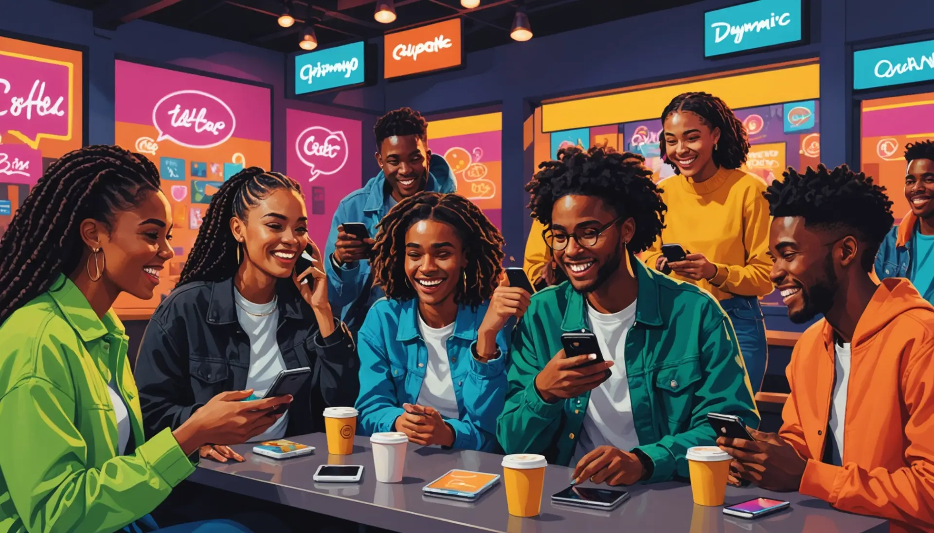 Editorial illustration showing young people texting, captioned scene implying nd meaning slang