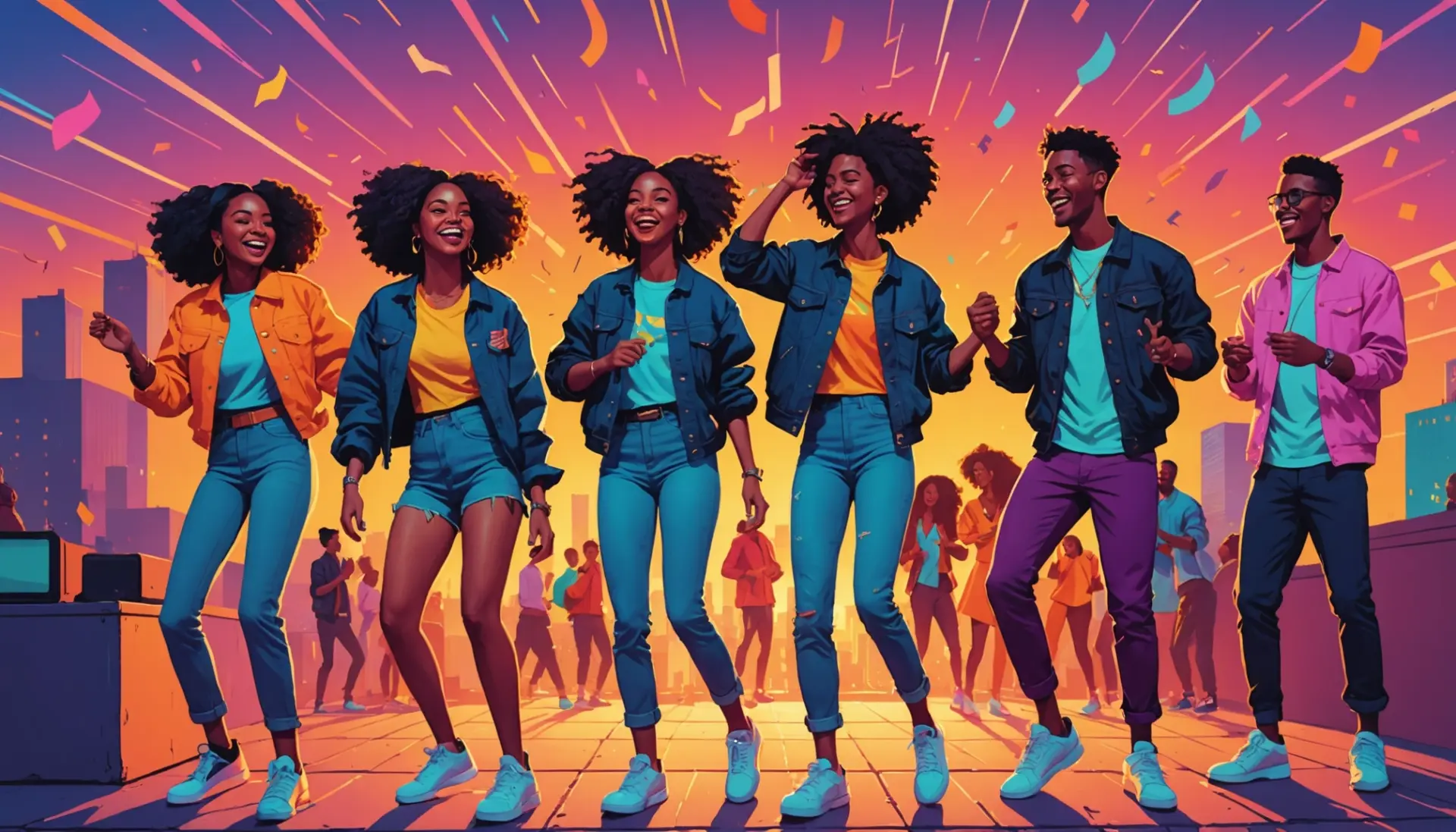 Illustration showing people enjoying a catchy song in modern slang at a colorful party
