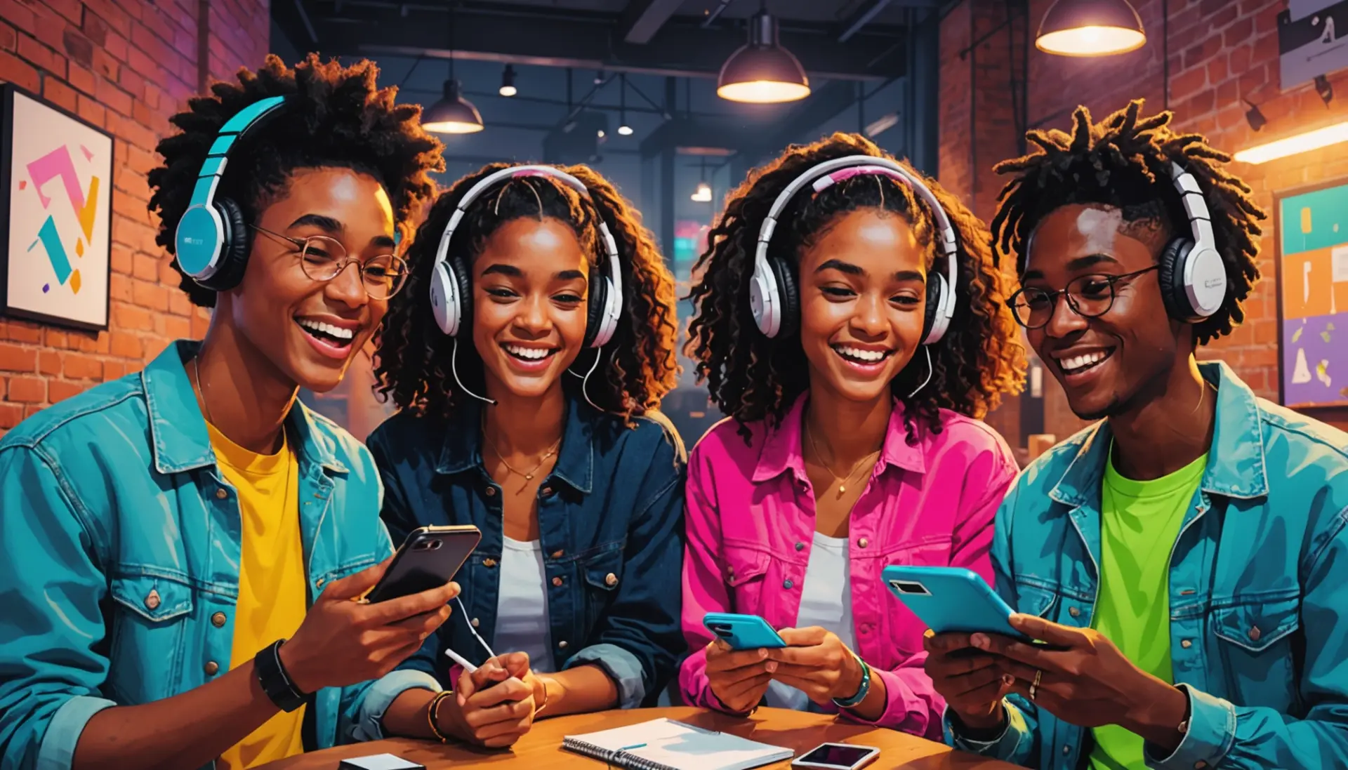 Editorial illustration of young people using 'spit slang' while listening to hip hop