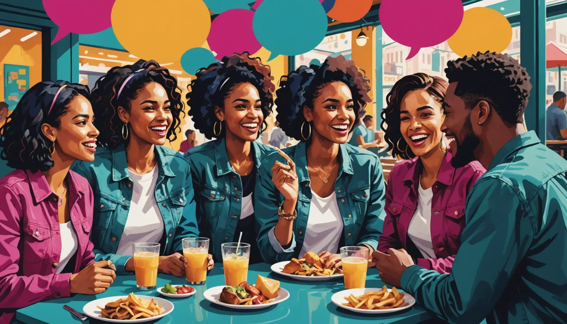 Editorial illustration showing young people debating the phrase balls in spanish slang