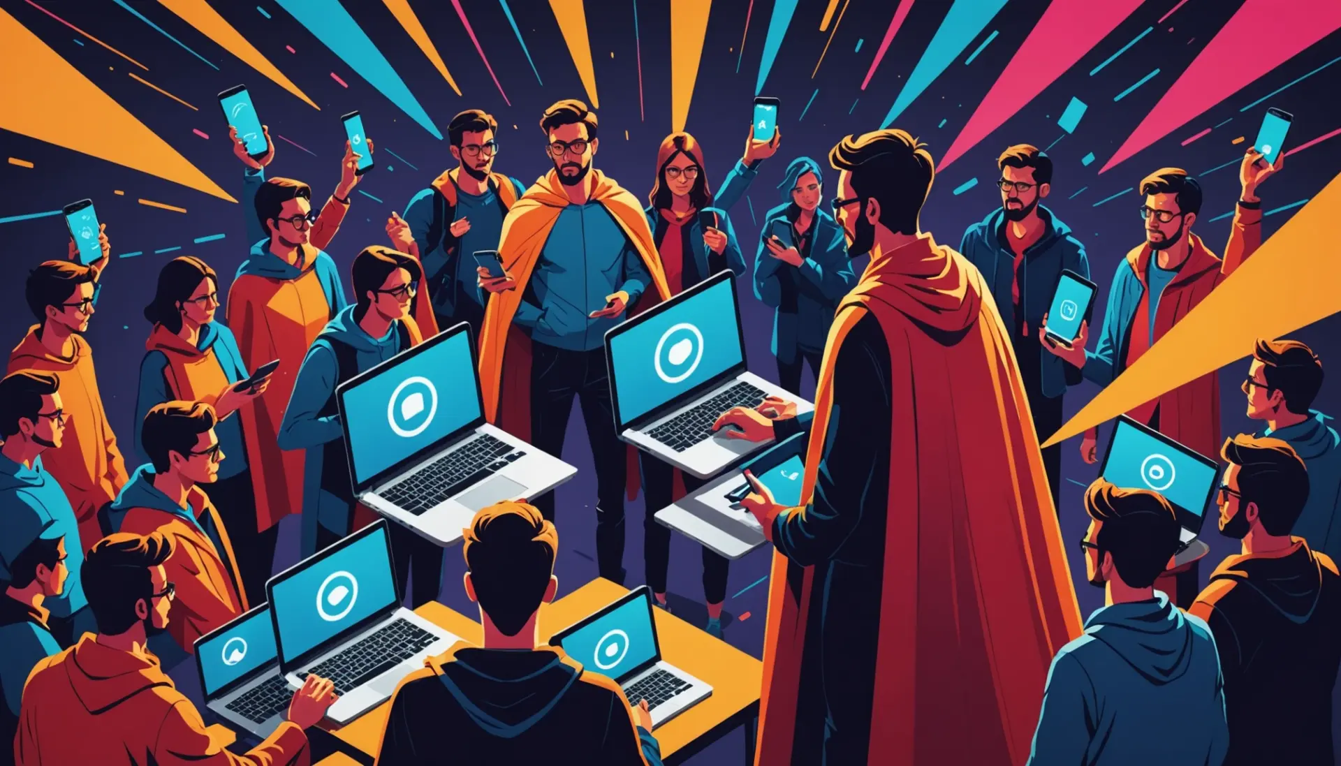Editorial illustration of online drama with a person wearing a cape, showing cape meaning slang