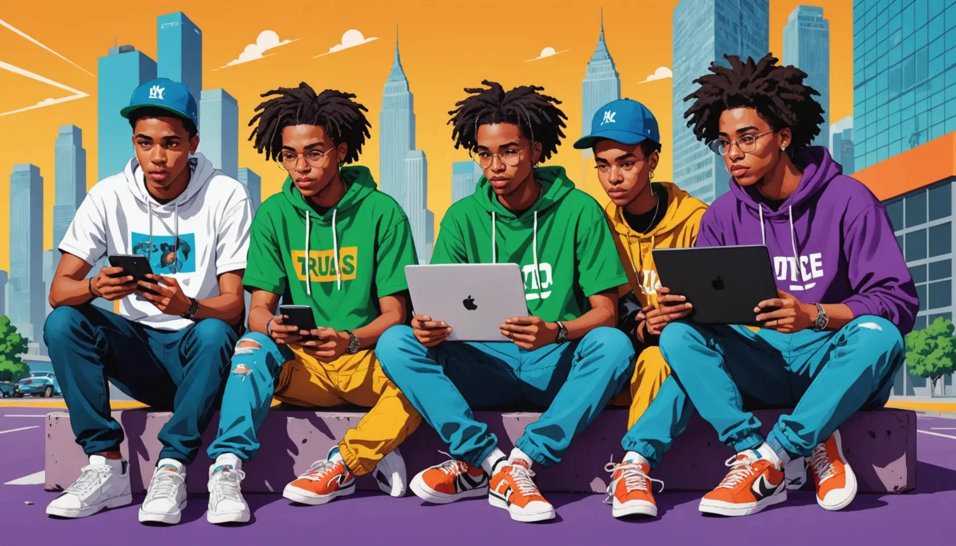 Vibrant editorial illustration showing youth culture with a 404 meaning slang vibe, characters checking phones and a missing sign motif