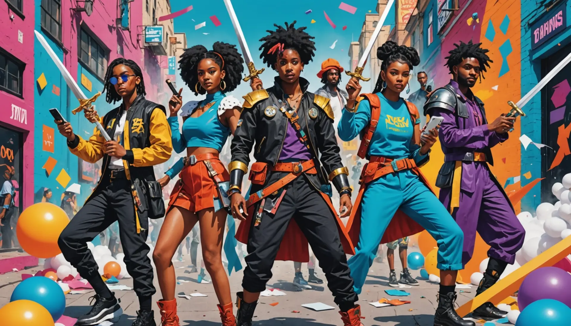 Editorial illustration showing people role-playing and online performative scenes, depicting what is larp slang