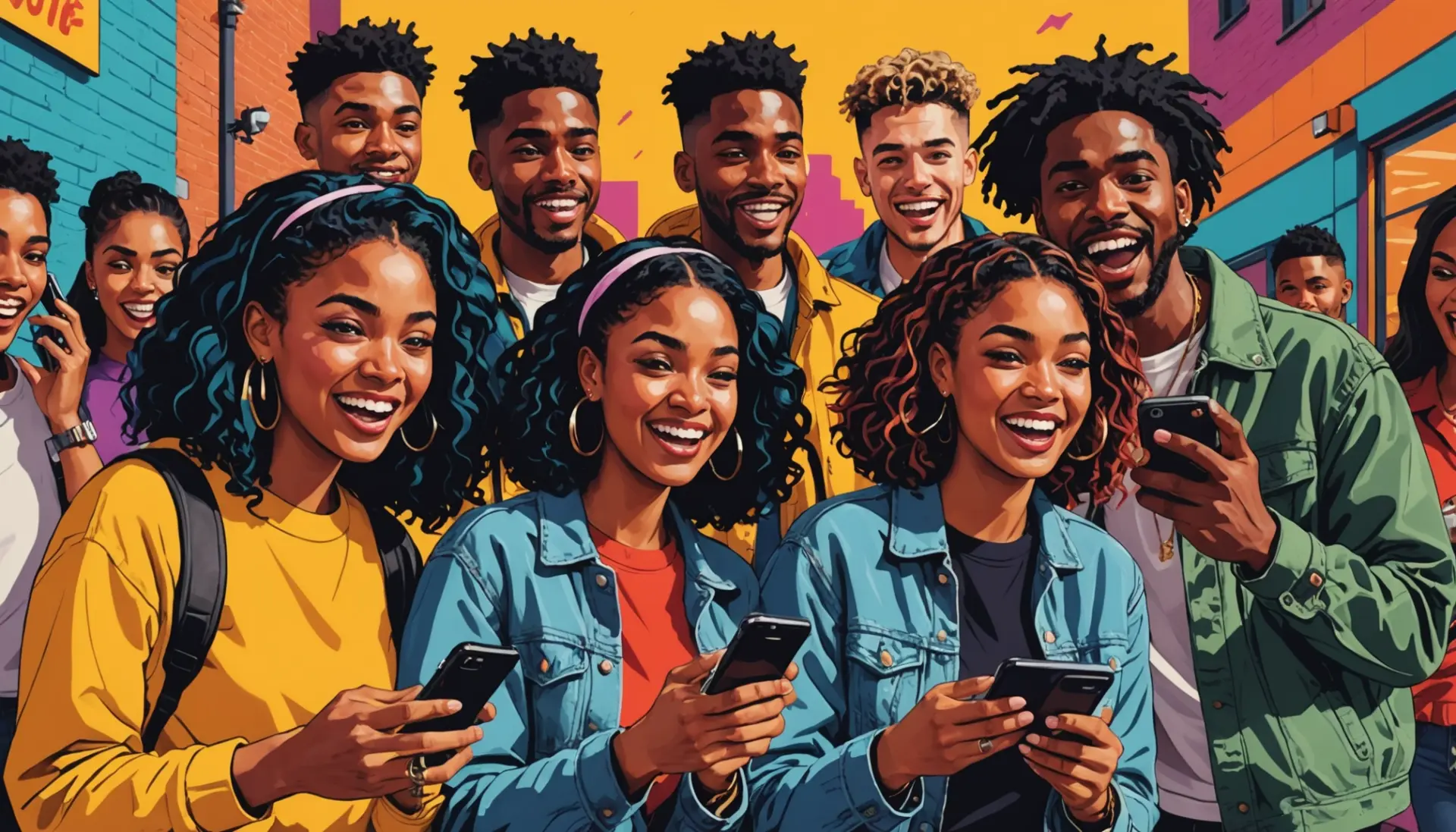 Editorial illustration showing young people reacting with phones and speech bubbles that hint at 'omds meaning slang'