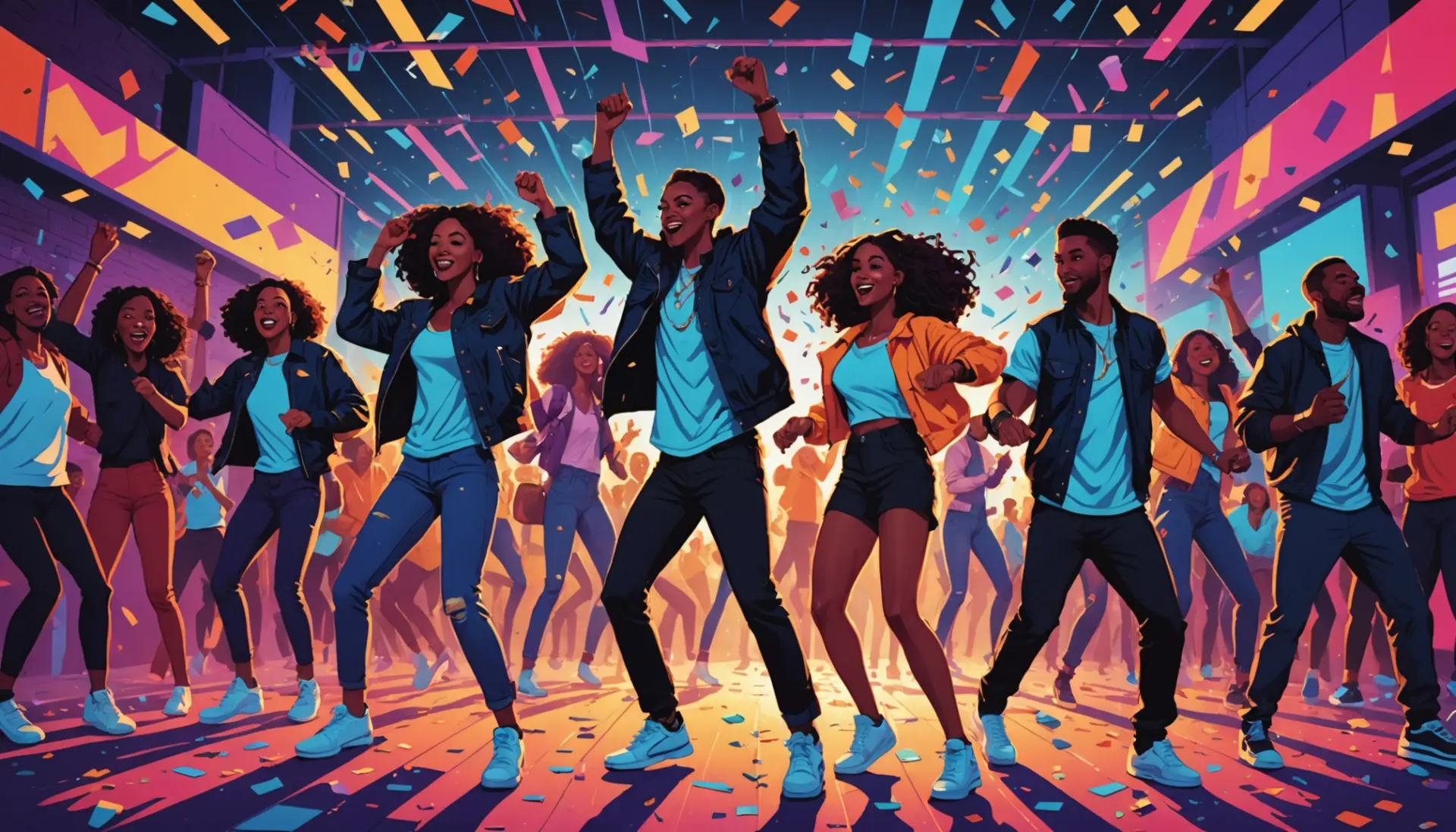 Editorial illustration of a pumping party urban dictionary scene with dancers and booming speakers