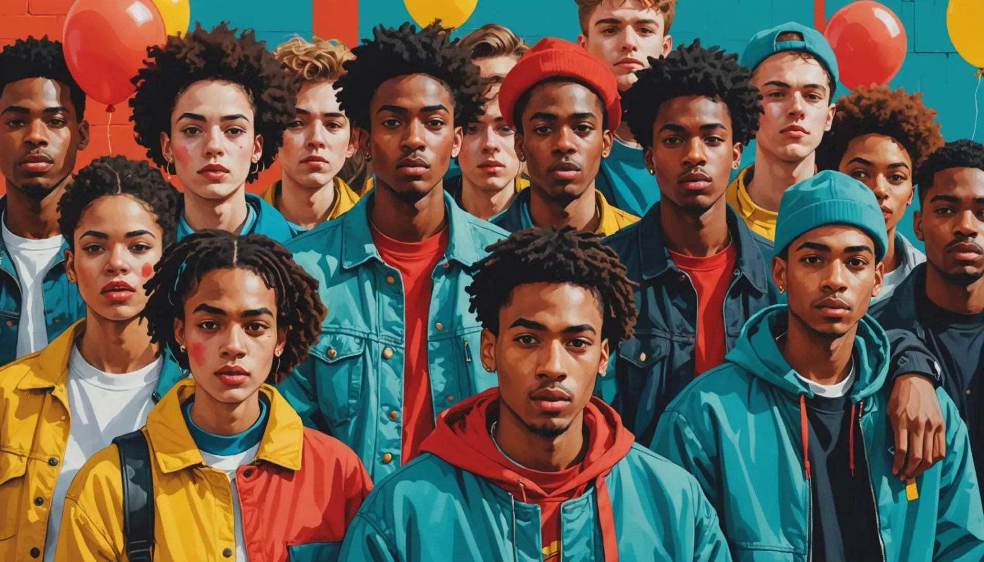 Editorial illustration of people wearing red noses, bright scene, representing red nose urban dictionary