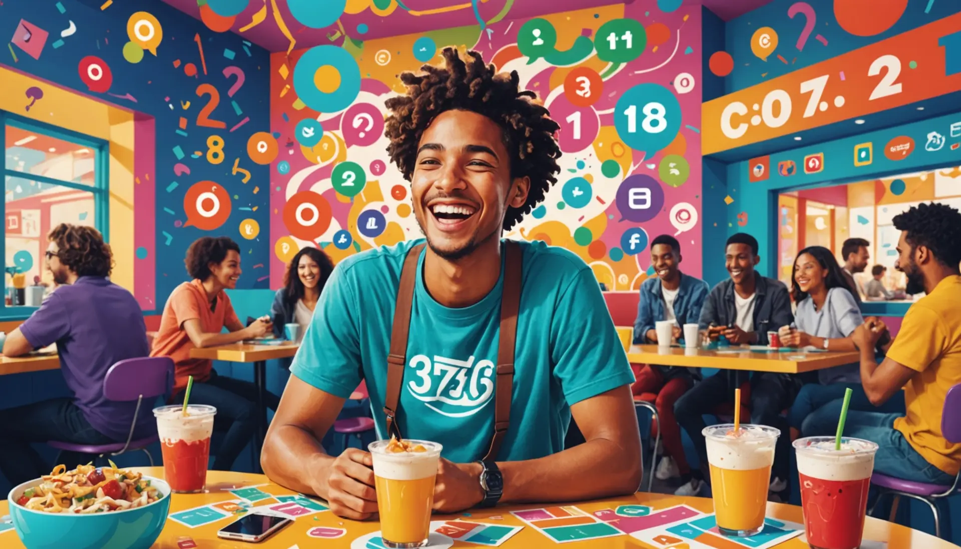 Editorial illustration showing a youthful person surrounded by swirling numbers and memes, captioned concept for googol slang