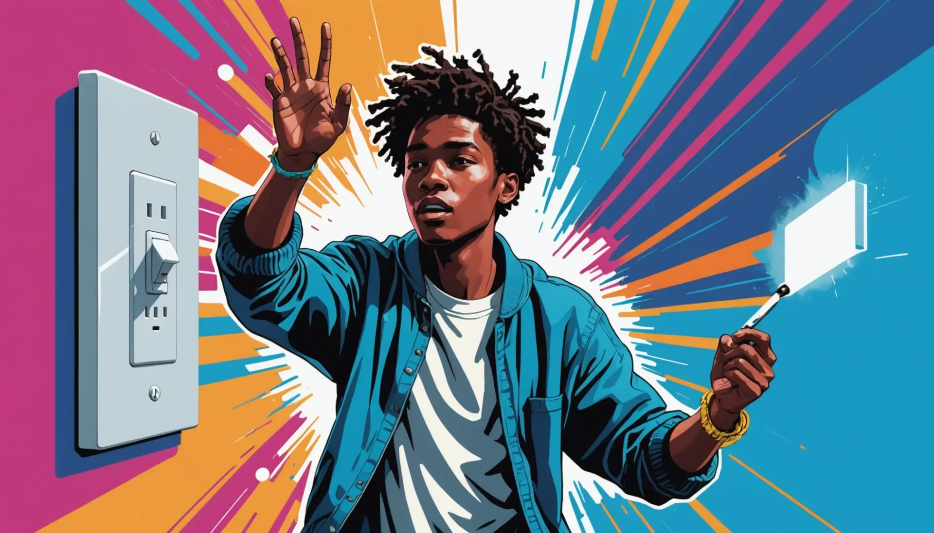 Editorial illustration showing a person flipping a literal light switch with the caption concept light switch slang meaning represented visually