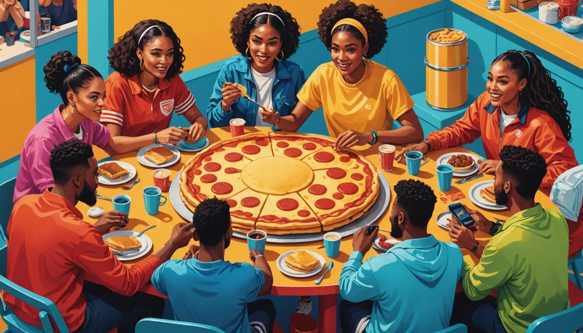 Editorial illustration showing diverse people around a giant pancake, caption idea referencing pancake slang