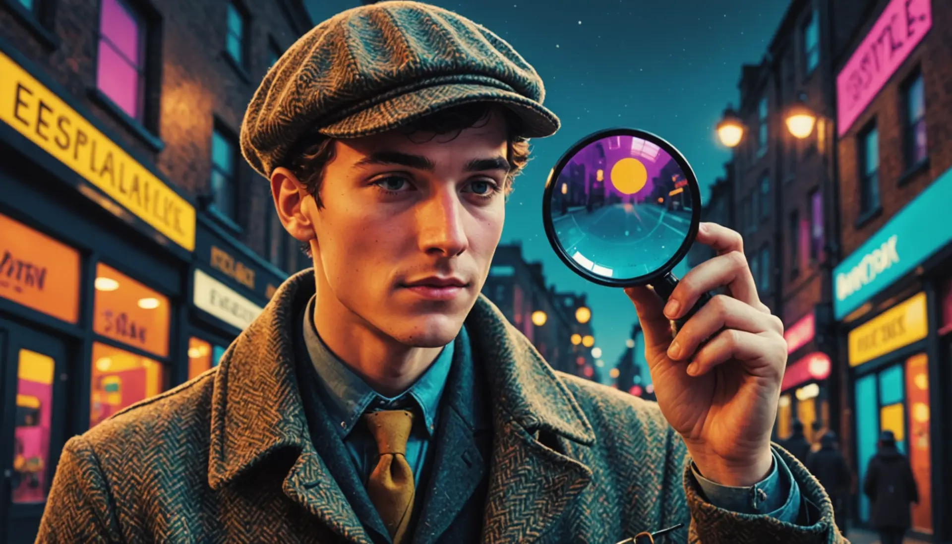 Editorial-style image showing a person wearing a deerstalker hat, with magnifying glass, representing what does deerstalker mean