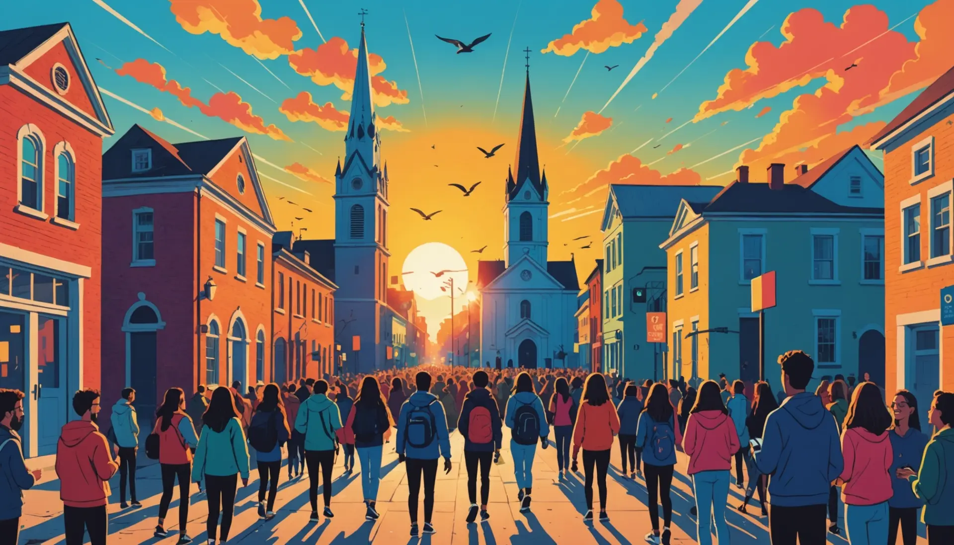 Editorial illustration of people reacting to the phrase what does he is risen mean with mixed church and meme imagery