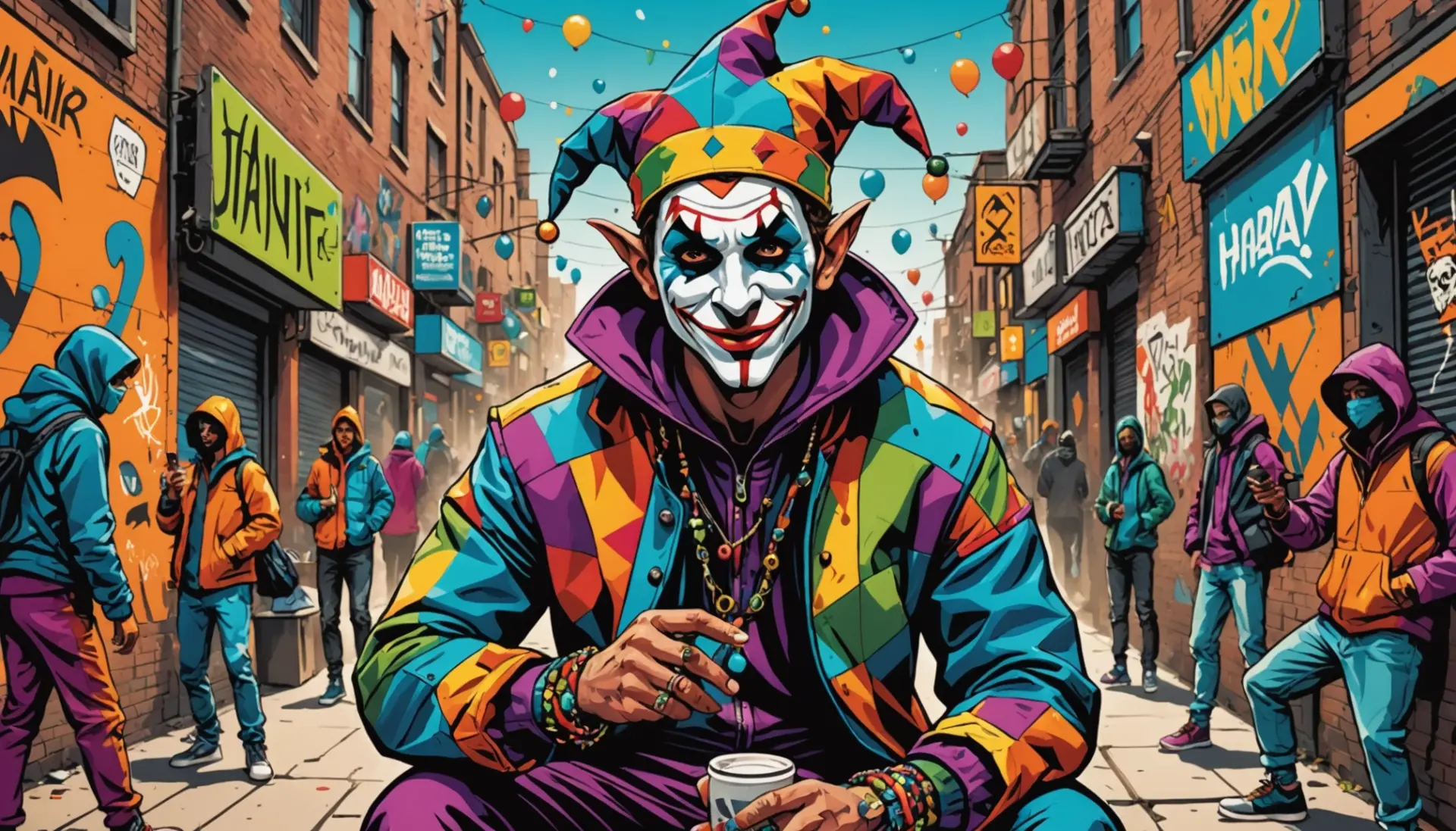 Editorial illustration showing a modern street jester, caption concept for jester urban dictionary