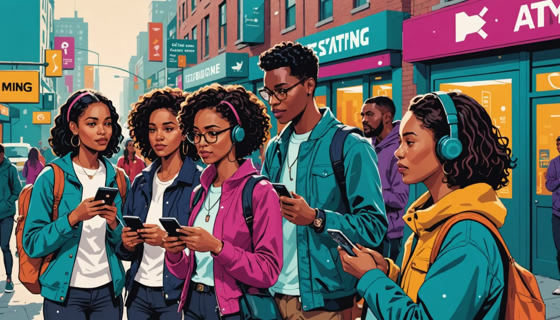 Editorial illustration of people texting with the phrase what does atm mean urban dictionary floating around
