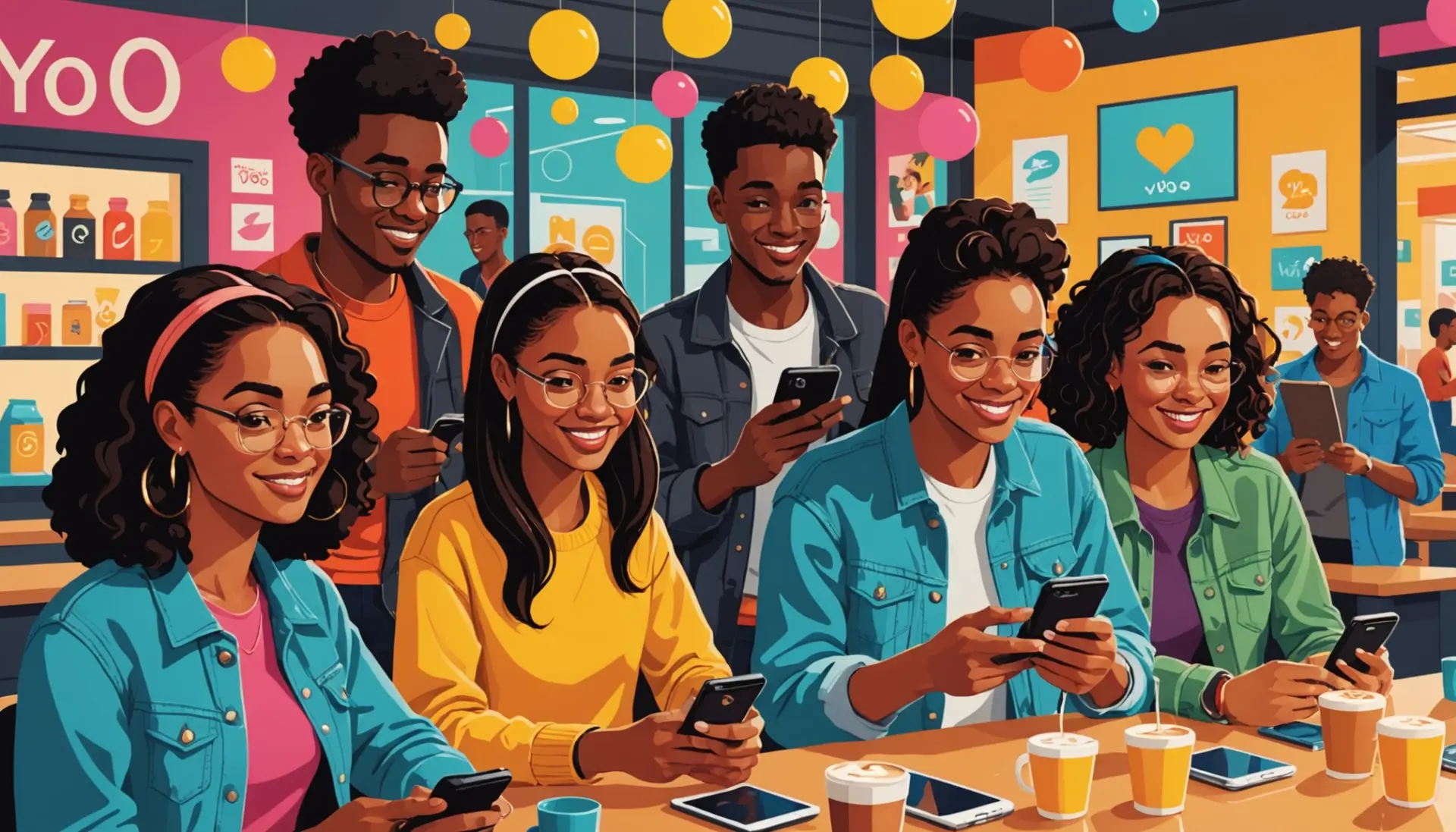 Editorial illustration showing people texting the phrase what is yolo mean in texting on their phones