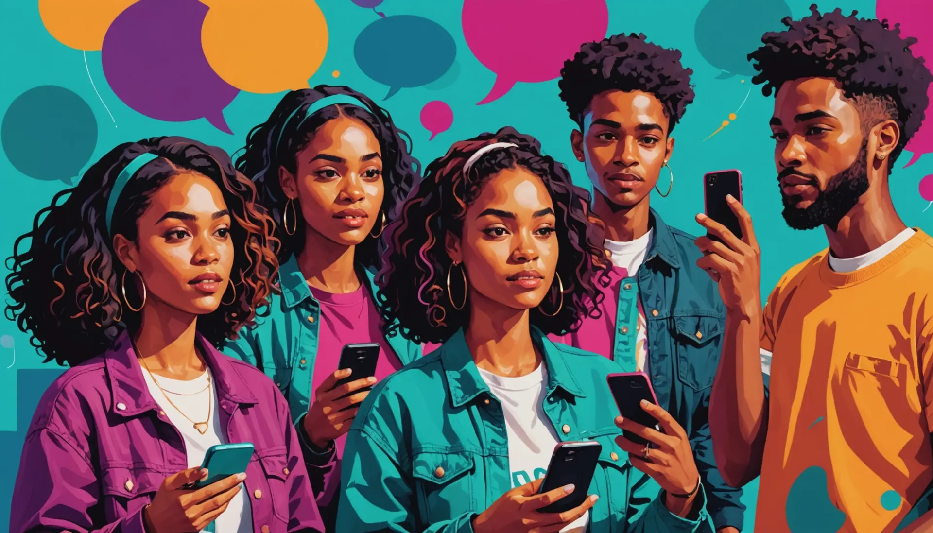 Editorial illustration showing people texting and the phrase what does jms mean in text floating like chat bubbles