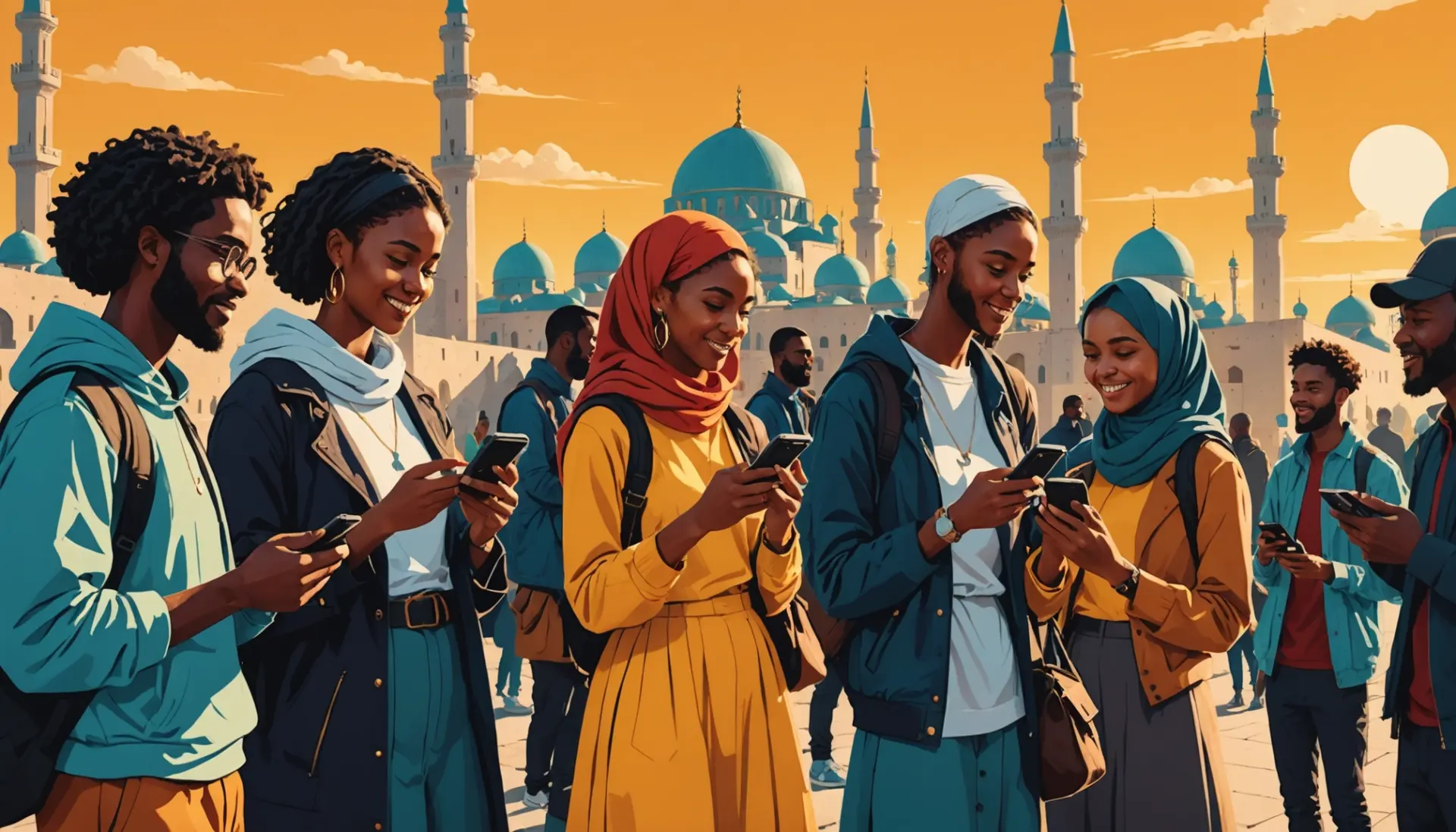 Editorial illustration of people saying what does praise to allah mean in different social scenes