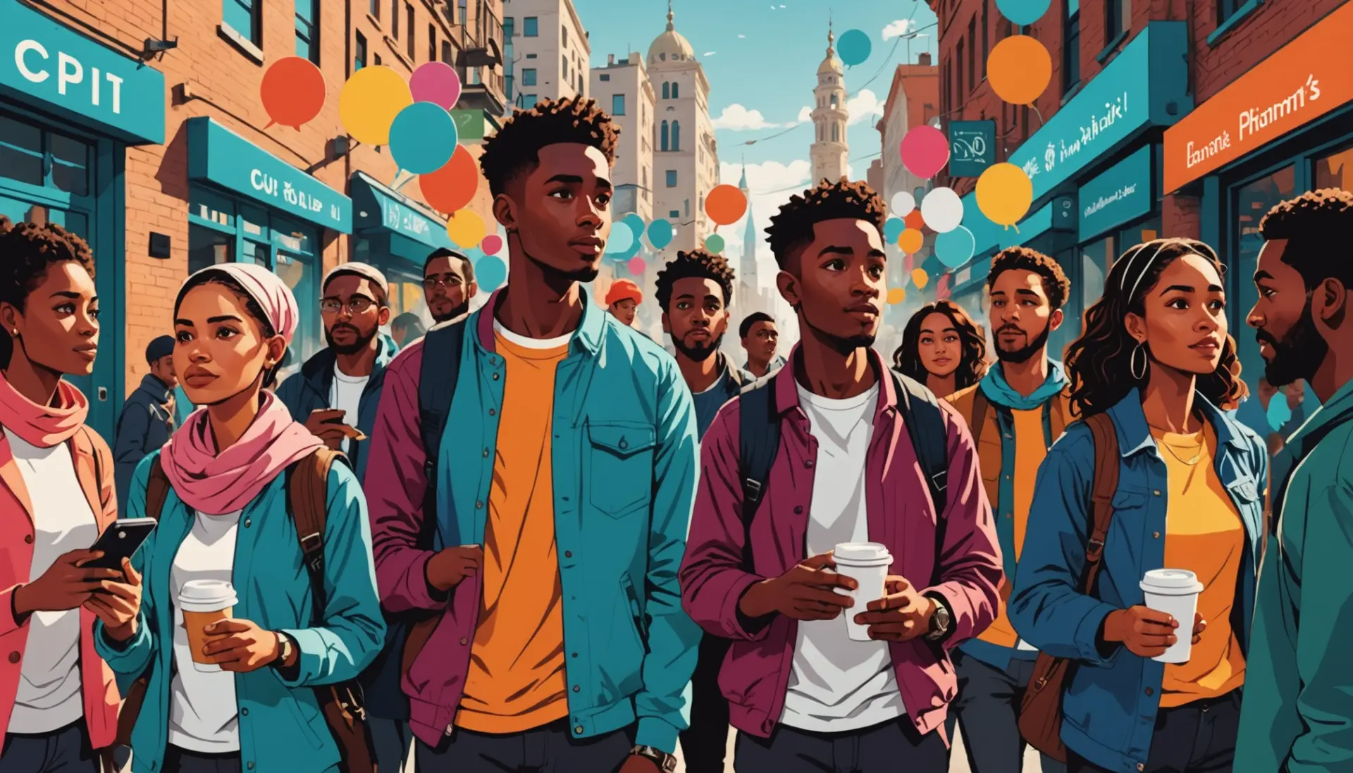 Editorial illustration showing people asking 'what does allah mean' in a lively street scene