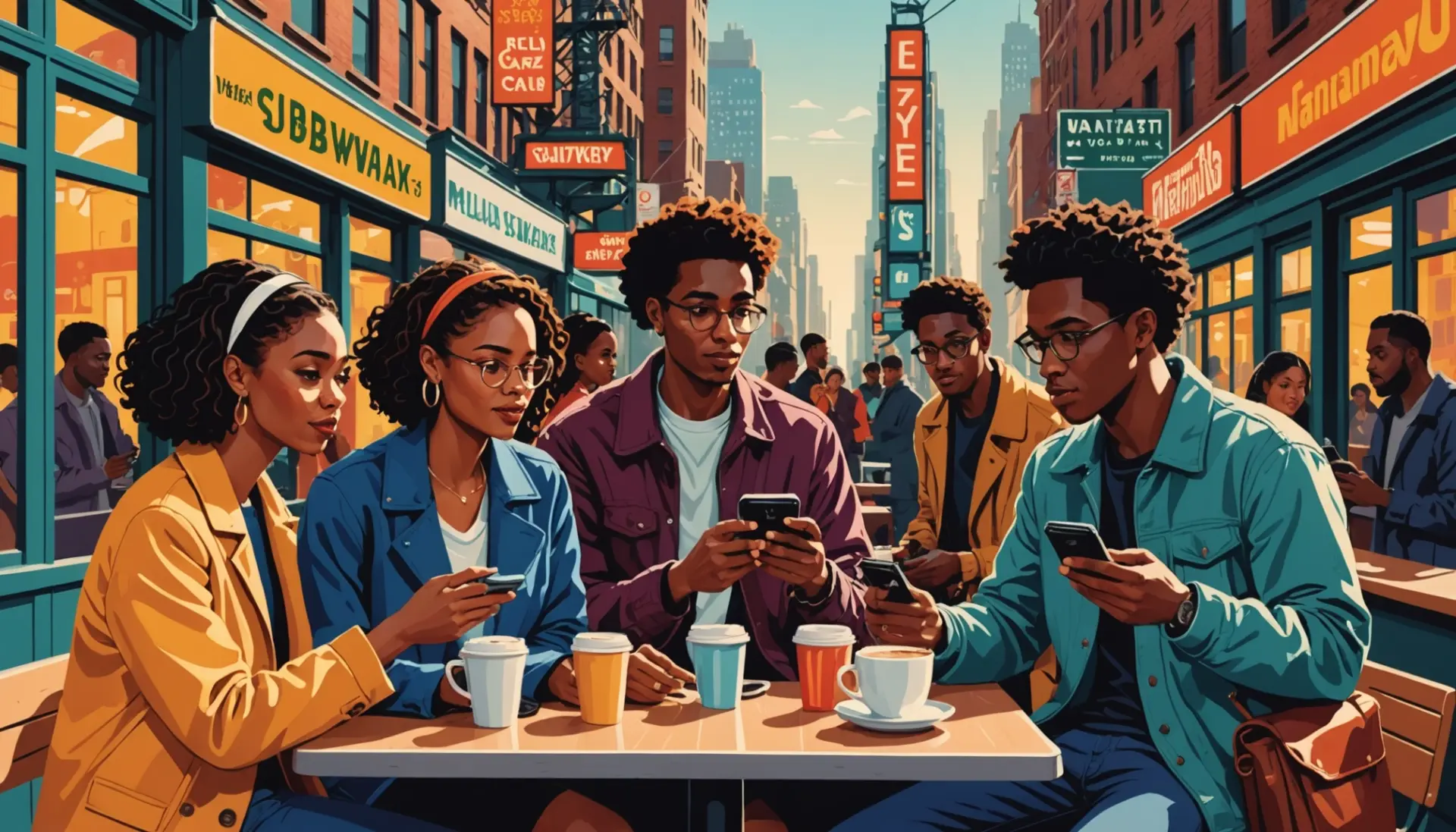 Editorial illustration showing people reacting to 'manhattan transfer urban dictionary' on phones and posters