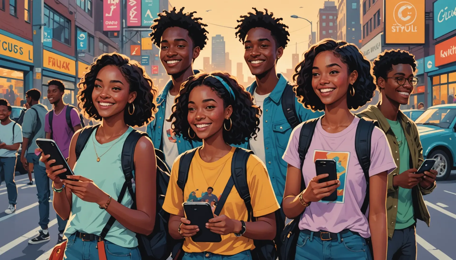 Editorial illustration showing a group at a crossroads with bold colors, caption idea about what does yolo mean