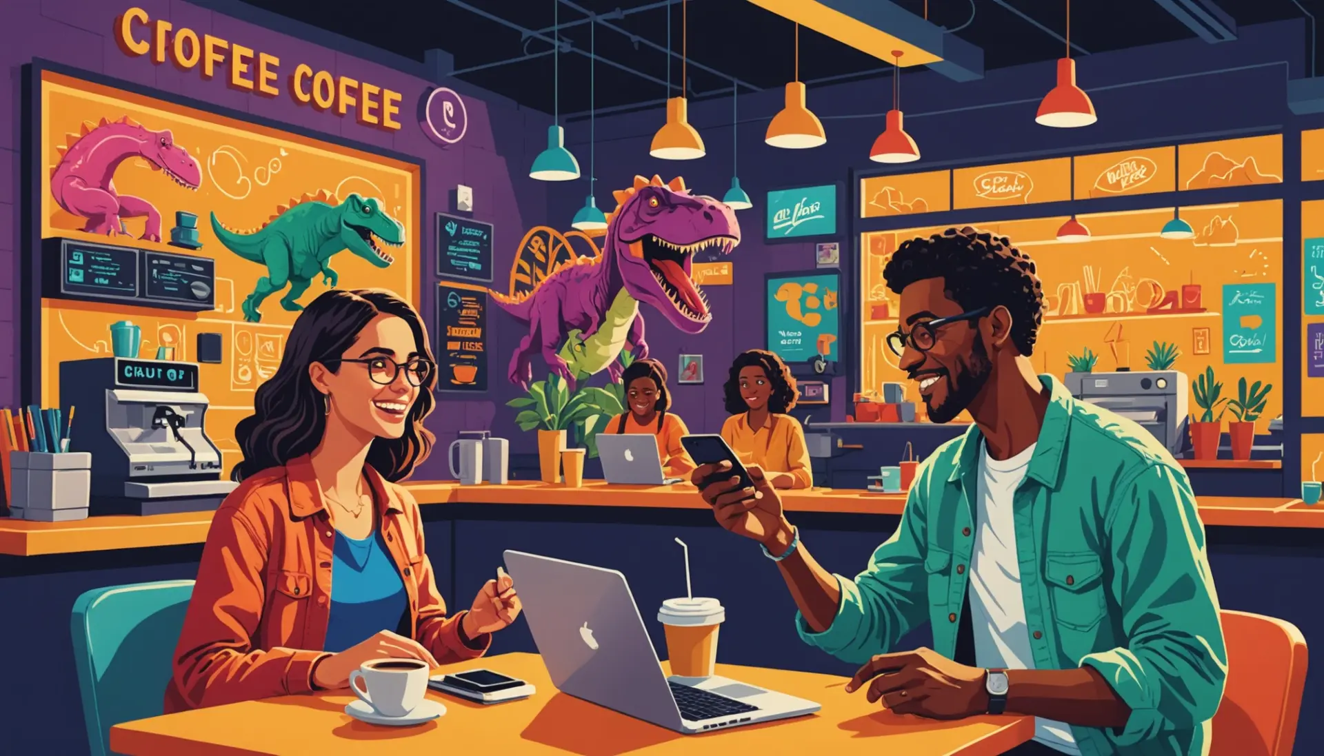 Editorial illustration showing people reacting to the phrase what does dinosaur mean in slang