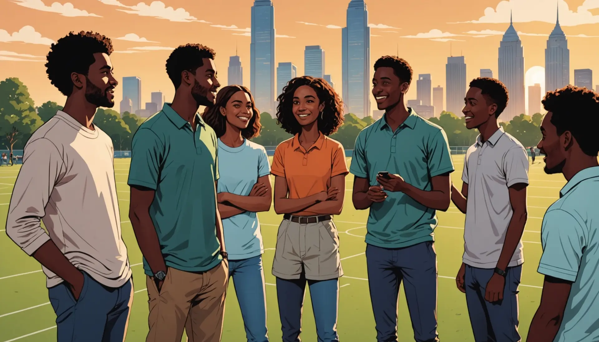 Editorial illustration showing people debating the wicket definition slang around a cricket pitch