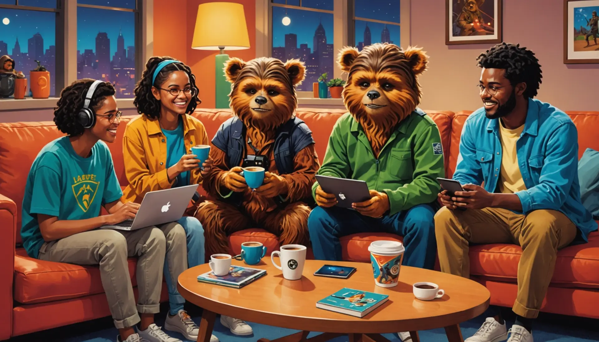 Editorial illustration of people discussing 'what does wicket mean' around a coffee table with cricket and pop culture icons