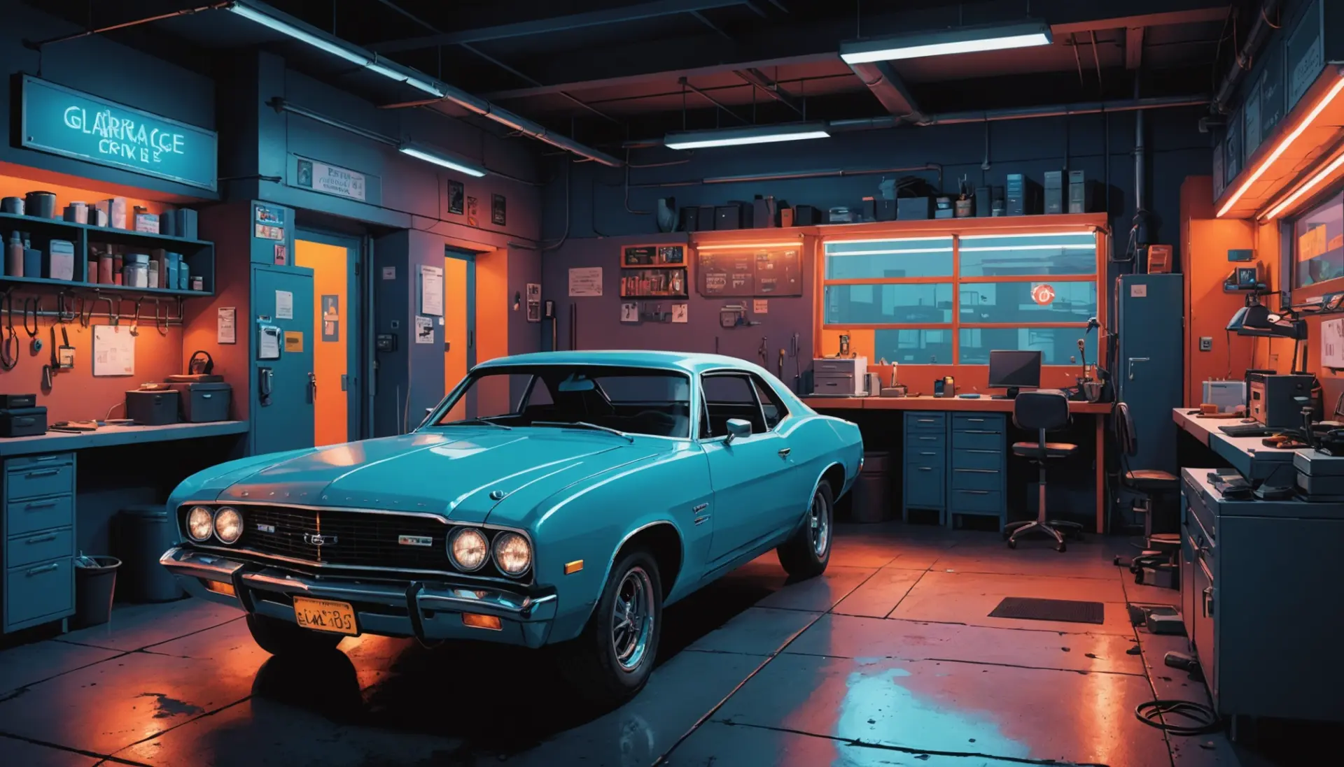 Editorial illustration of slang phrase what is a body shop slang showing mixed scenes of an auto garage, office cubicles, and a neon massage sign