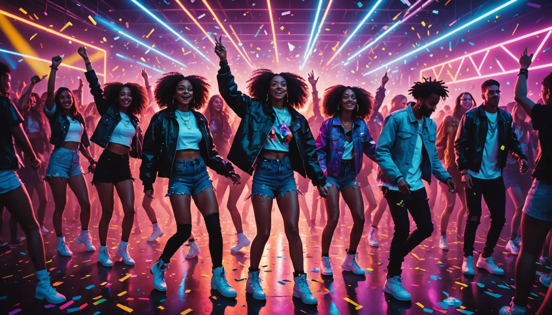 Editorial illustration of neon-clad dancers with 'rave meaning slang' vibe, neon lights and festival energy