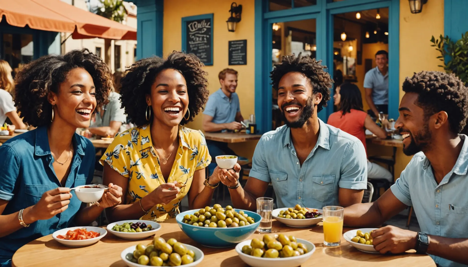 Editorial illustration showing young people around a table with olives, caption concept for olives meaning slang