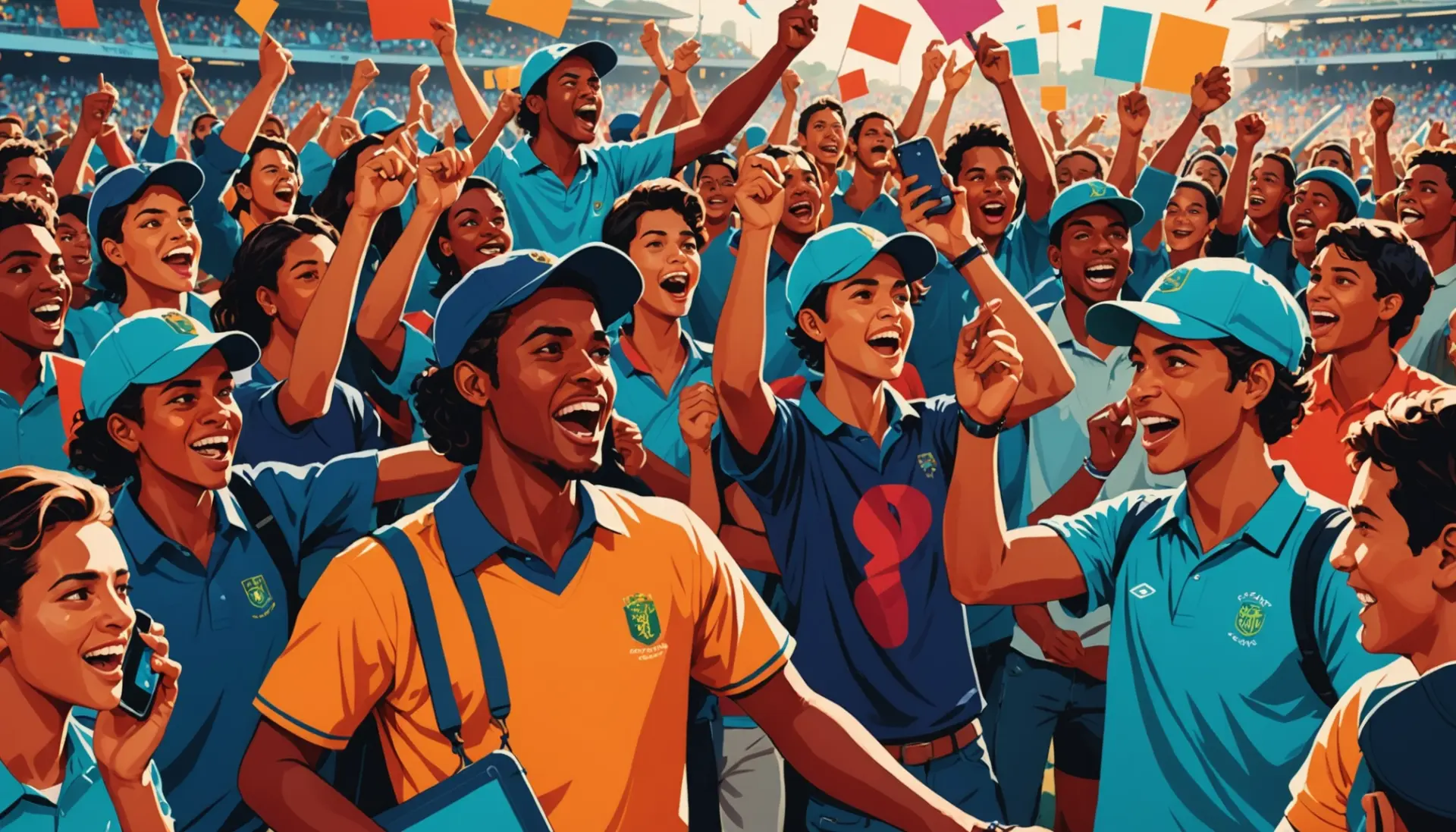Editorial illustration showing fans using cricket slang terms on their phones at a stadium