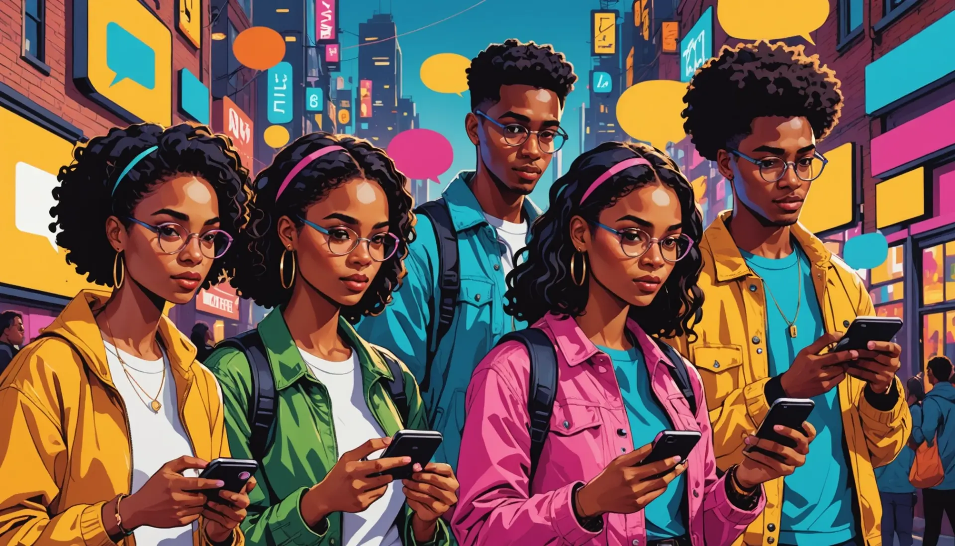 Illustration showing the phrase what does da mean in text with people texting and speech bubbles