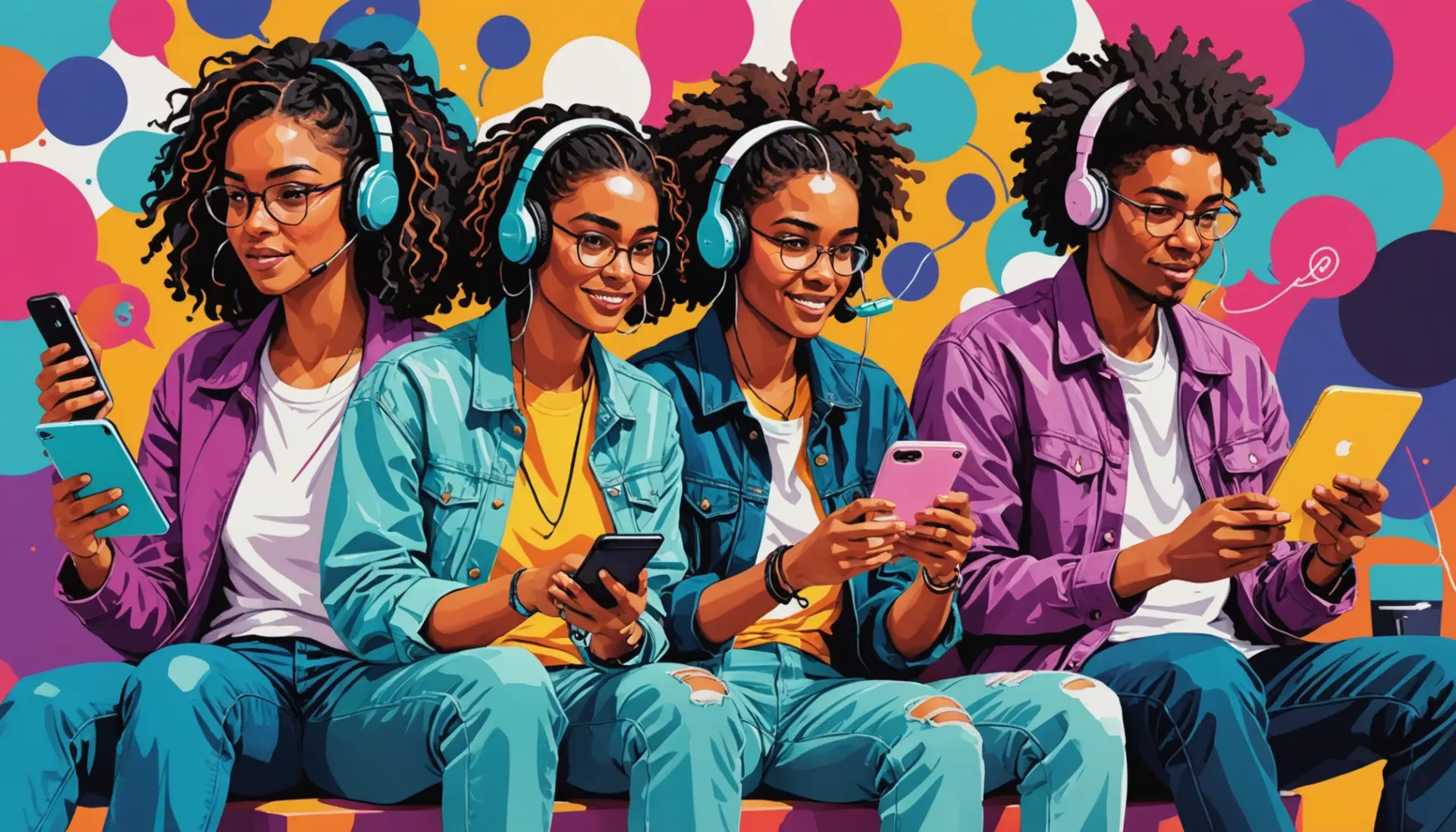 Editorial illustration of people texting and gaming with the phrase swe urban dictionary implied in context