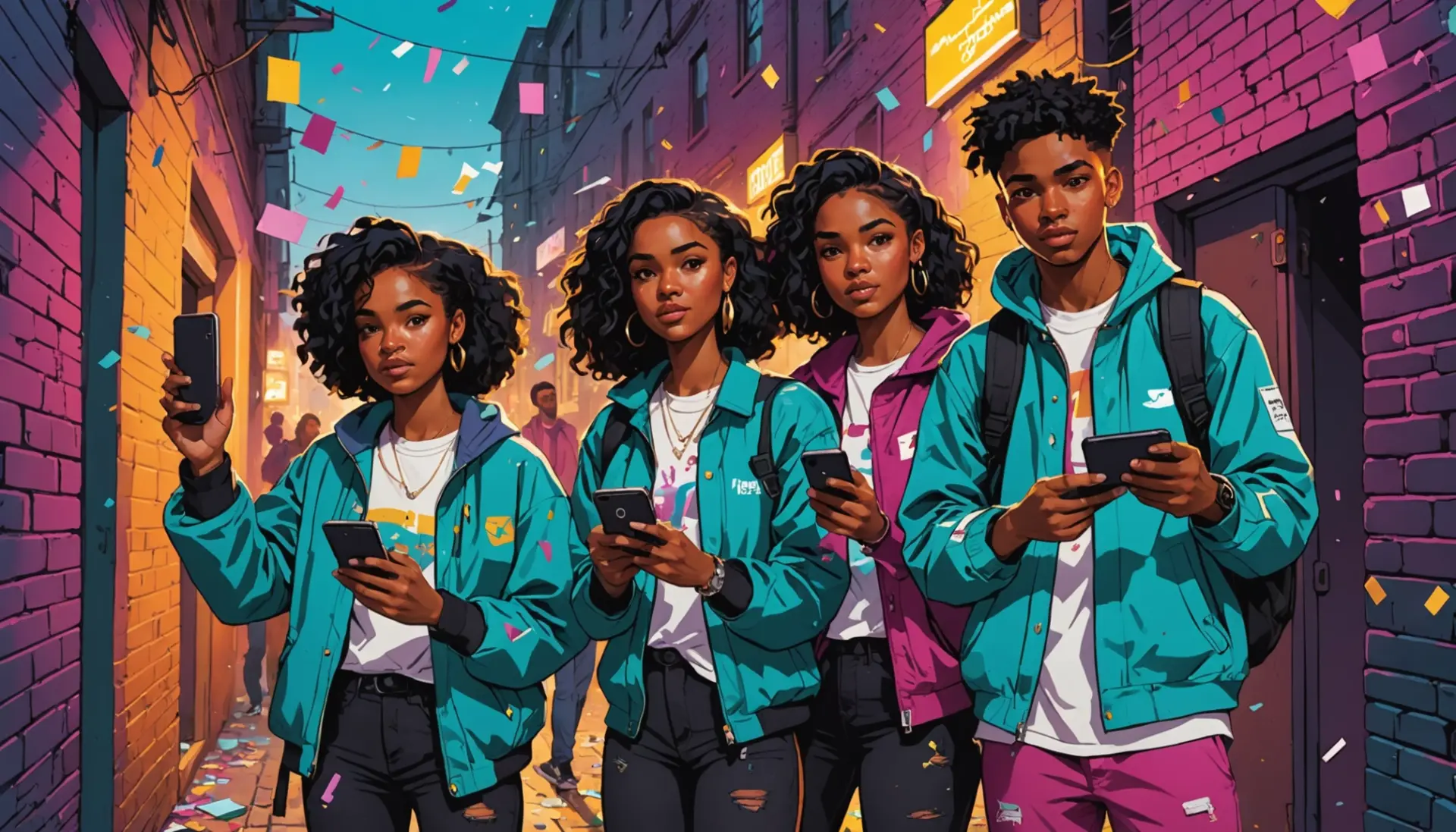 Editorial illustration showing a diverse group labeled as a cleanup crew in street scene, cleanup crew urban dictionary