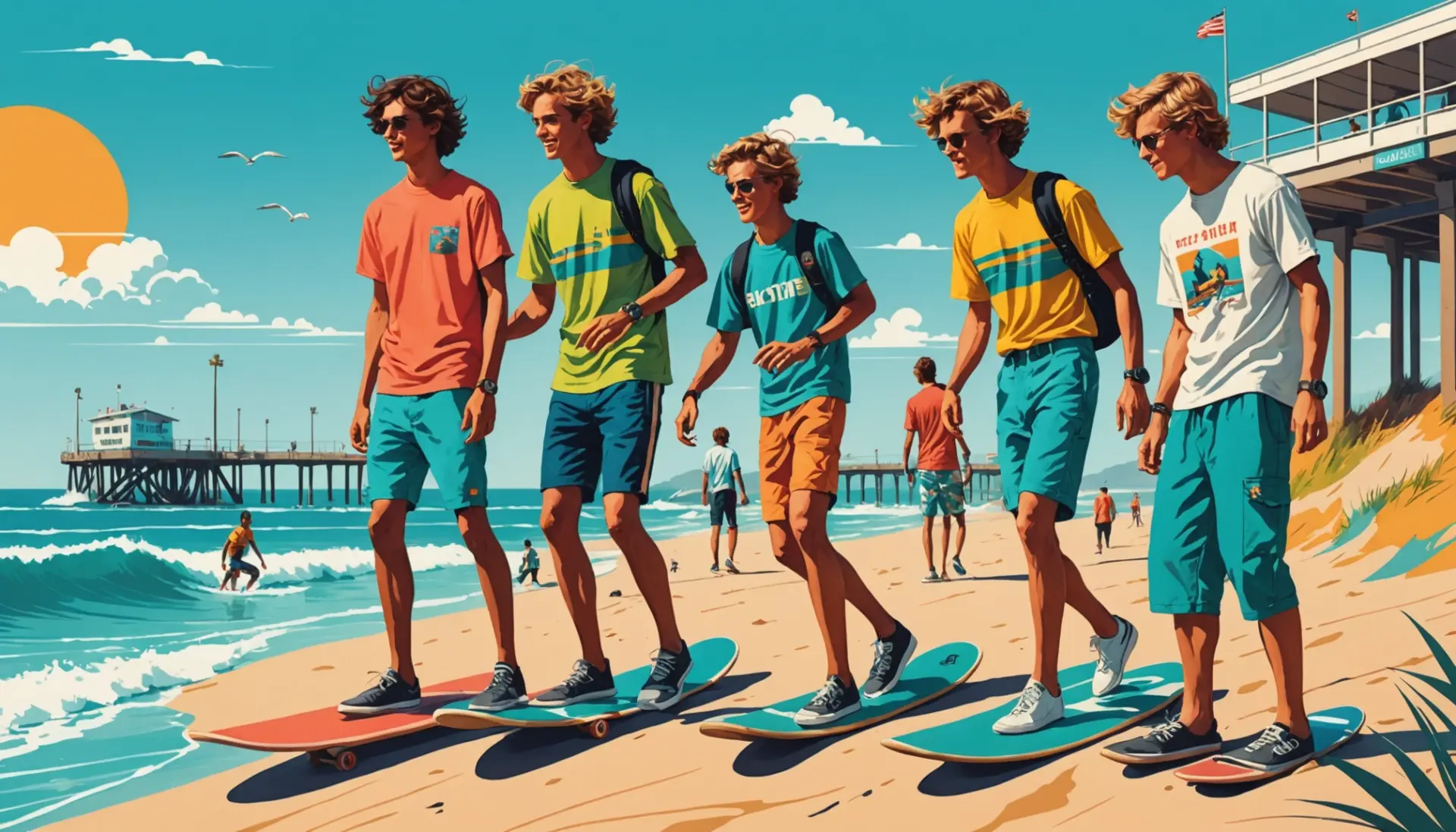 Illustration of young surfers labeled grommet urban dictionary vibe, beach scene