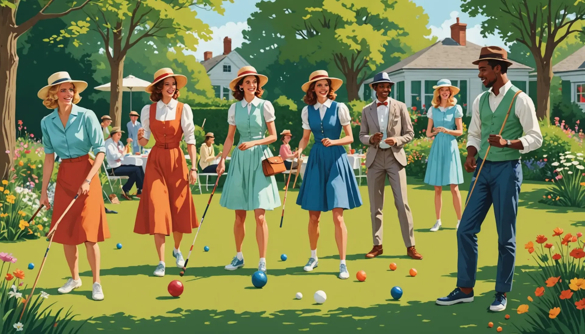 Editorial illustration of a garden party scene featuring croquet players and speech bubbles using croquet terms slang
