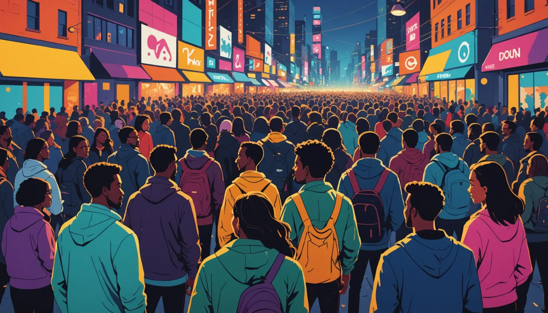 Editorial illustration showing a diverse group at a social edge with the phrase what does fringe group mean conceptually represented