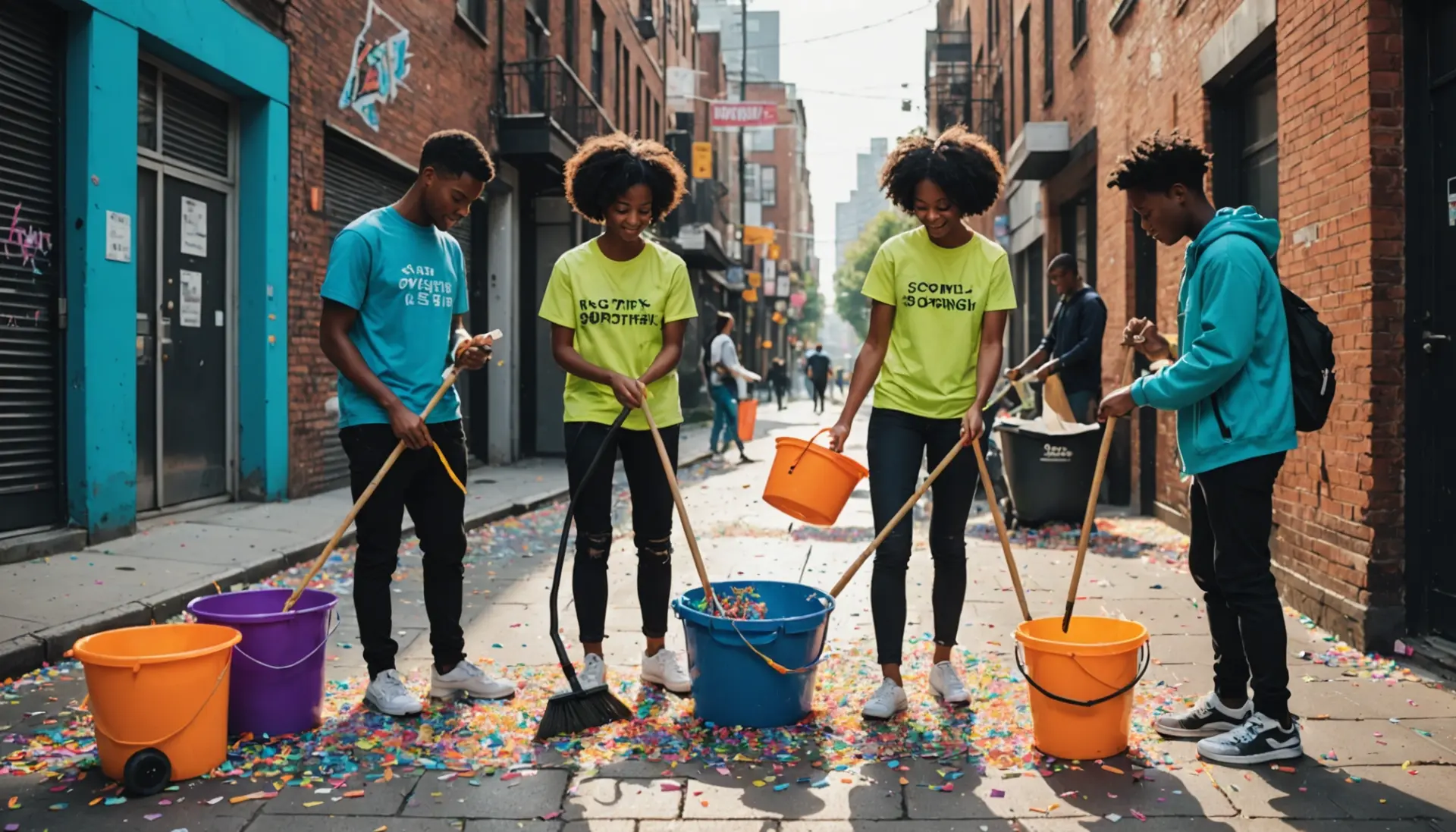 Editorial illustration of a diverse clean up crew in a city alley, with vibrant colors and the phrase clean up crew urban dictionary implied in scene