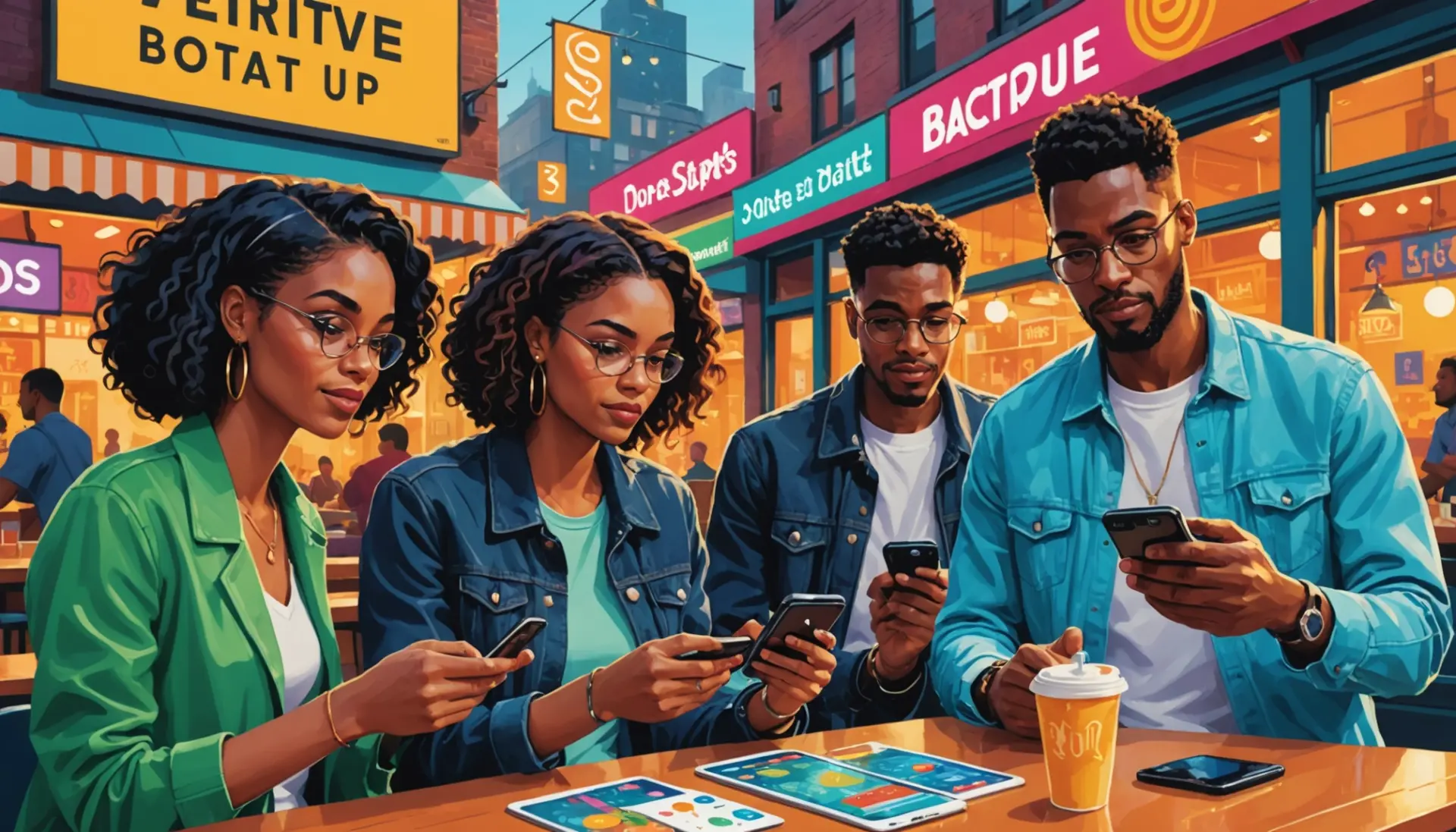 Editorial illustration showing people texting the phrase what does mtg mean in text