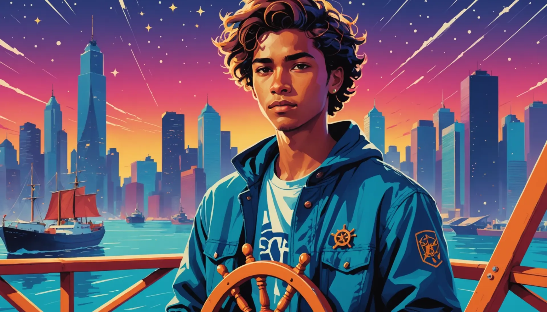 Illustration showing a person taking the helm with a ship wheel, vibrant editorial style, what does taking the helm mean