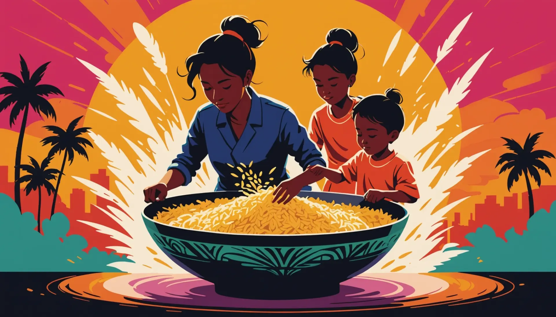 Illustration showing a playful take on oyakodon slang meaning with parent and child silhouettes stylized over a rice bowl