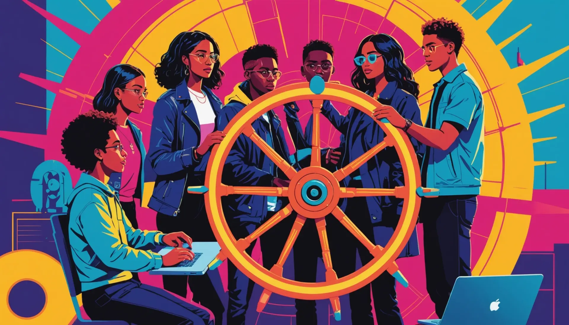 Editorial illustration of people taking the helm, caption reads no text, includes 'what does helm mean' focus keyword