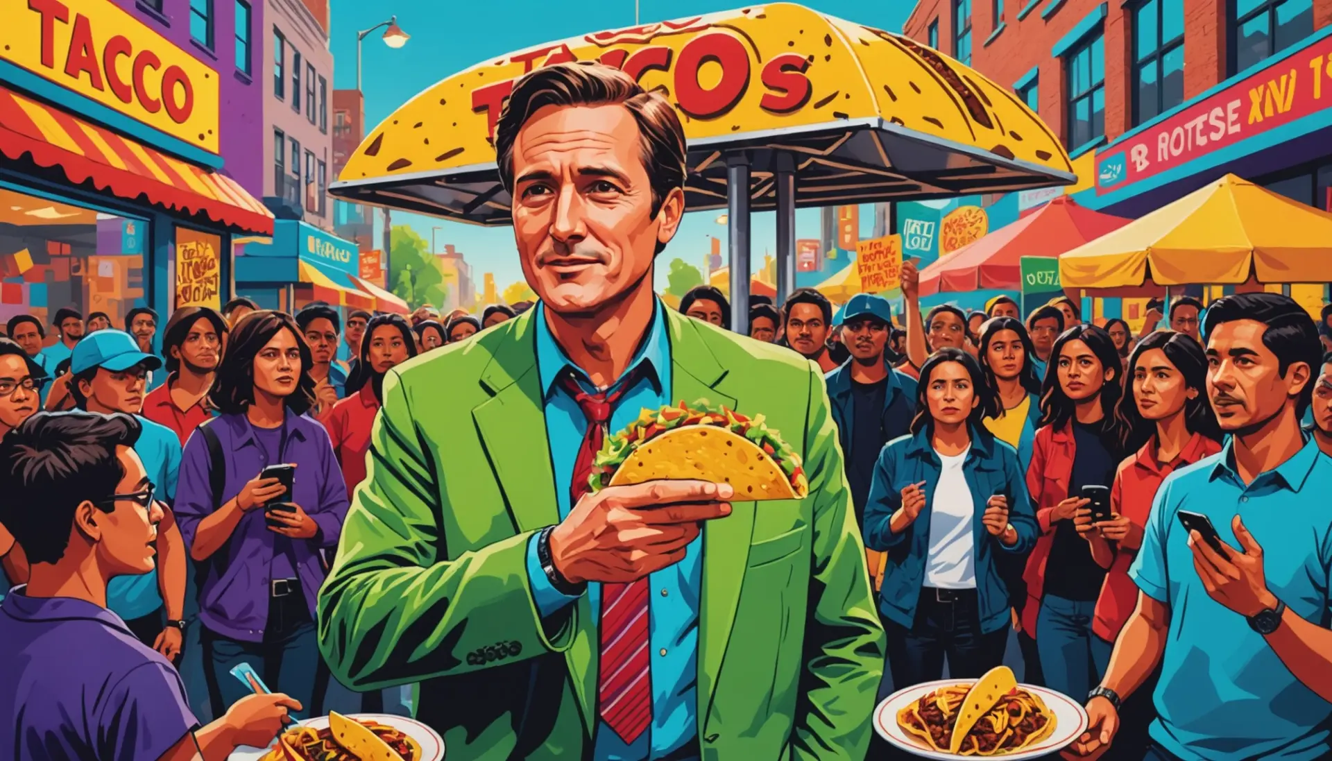 Editorial illustration of a politician at a taco stand, representing taco political slang meaning