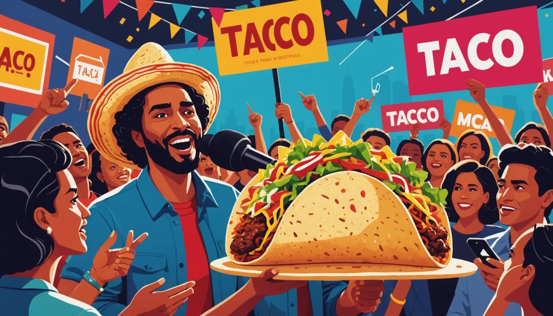 Editorial illustration showing a stylized taco used as a political prop, representing what does trump taco reference mean