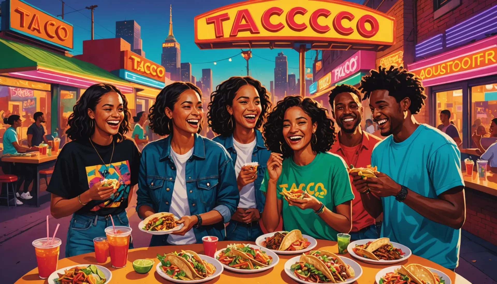 Editorial illustration of friends celebrating Taco Tuesday urban dictionary style