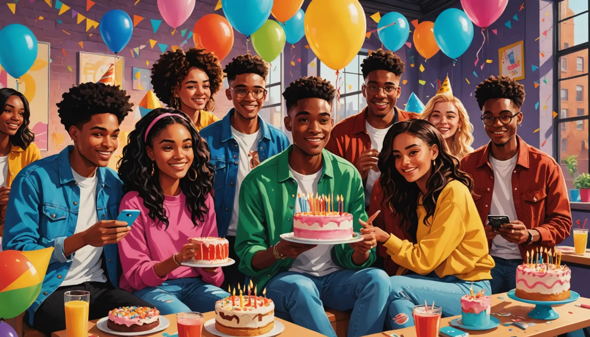 Editorial illustration showing people celebrating and texting about the birthday meaning slang