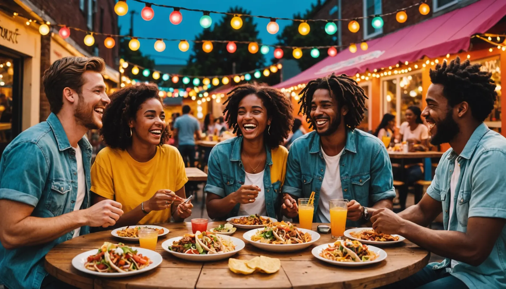Editorial illustration of friends enjoying tacos under neon sign, representing taco tuesday meaning slang
