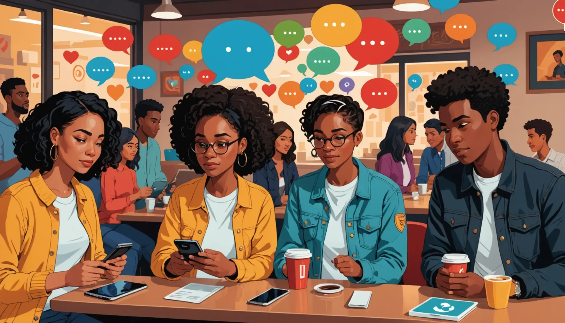 Editorial illustration showing people texting and the phrase what does pts mean in text floating like a question